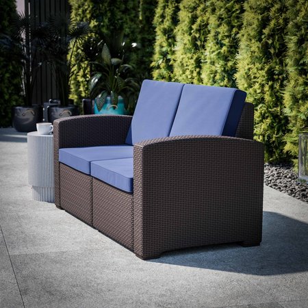 Flash Furniture Seneca Brown Faux Rattan Loveseat with All-Weather Navy Cushions DAD-SF1-2-BNNV-GG